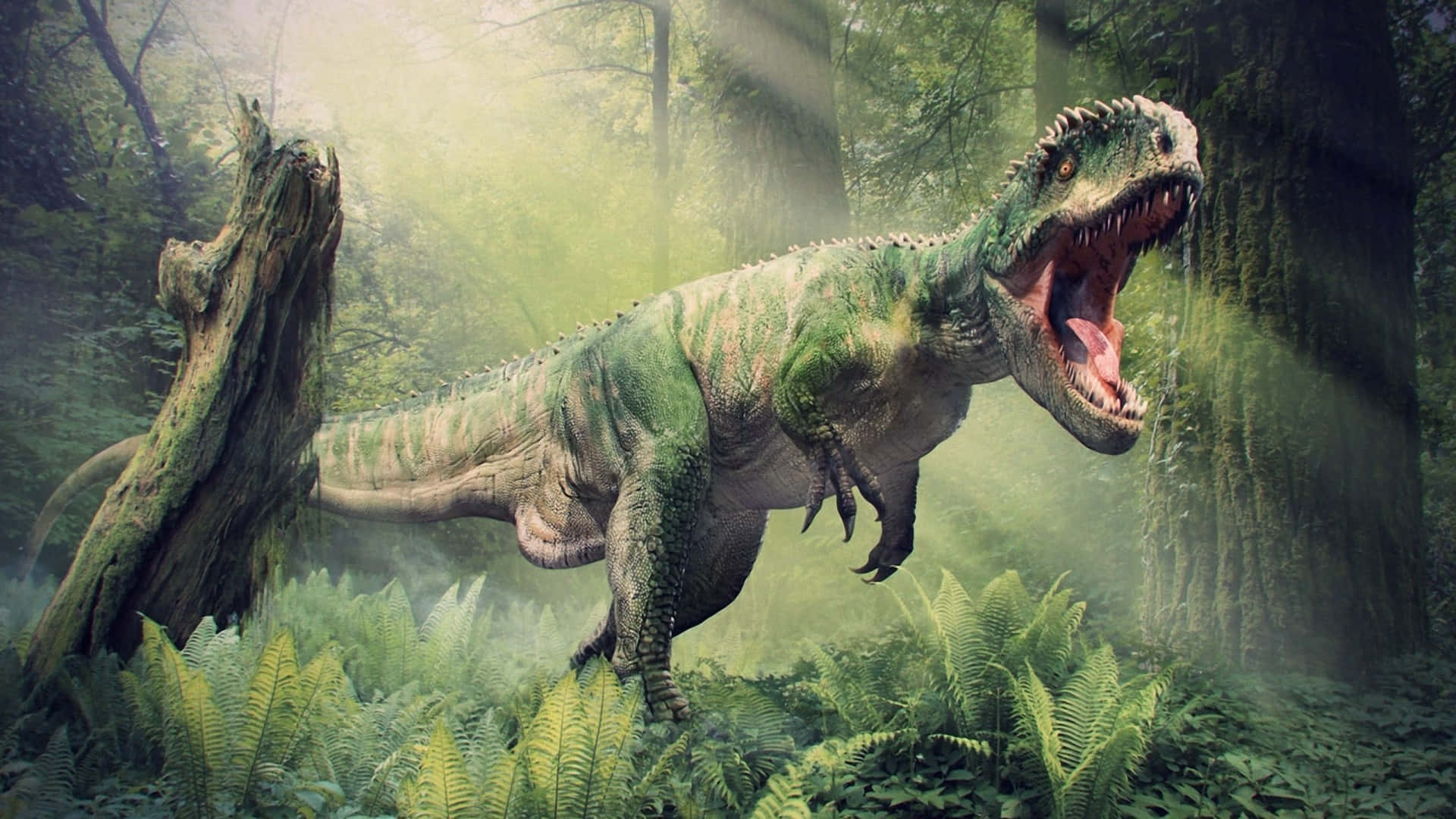 Explore a Magical Landscape with a Realistic Dinosaur Wallpaper