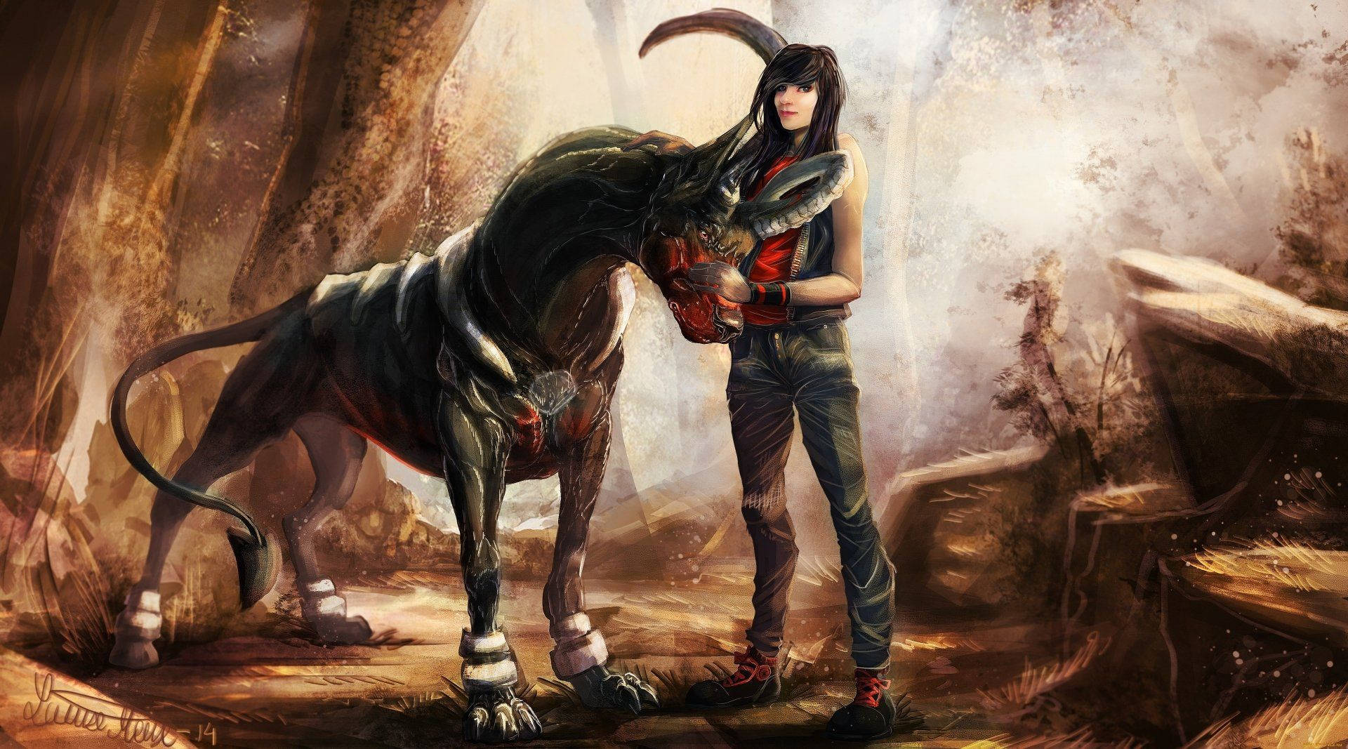 Realistic Houndoom With Trainer Wallpaper