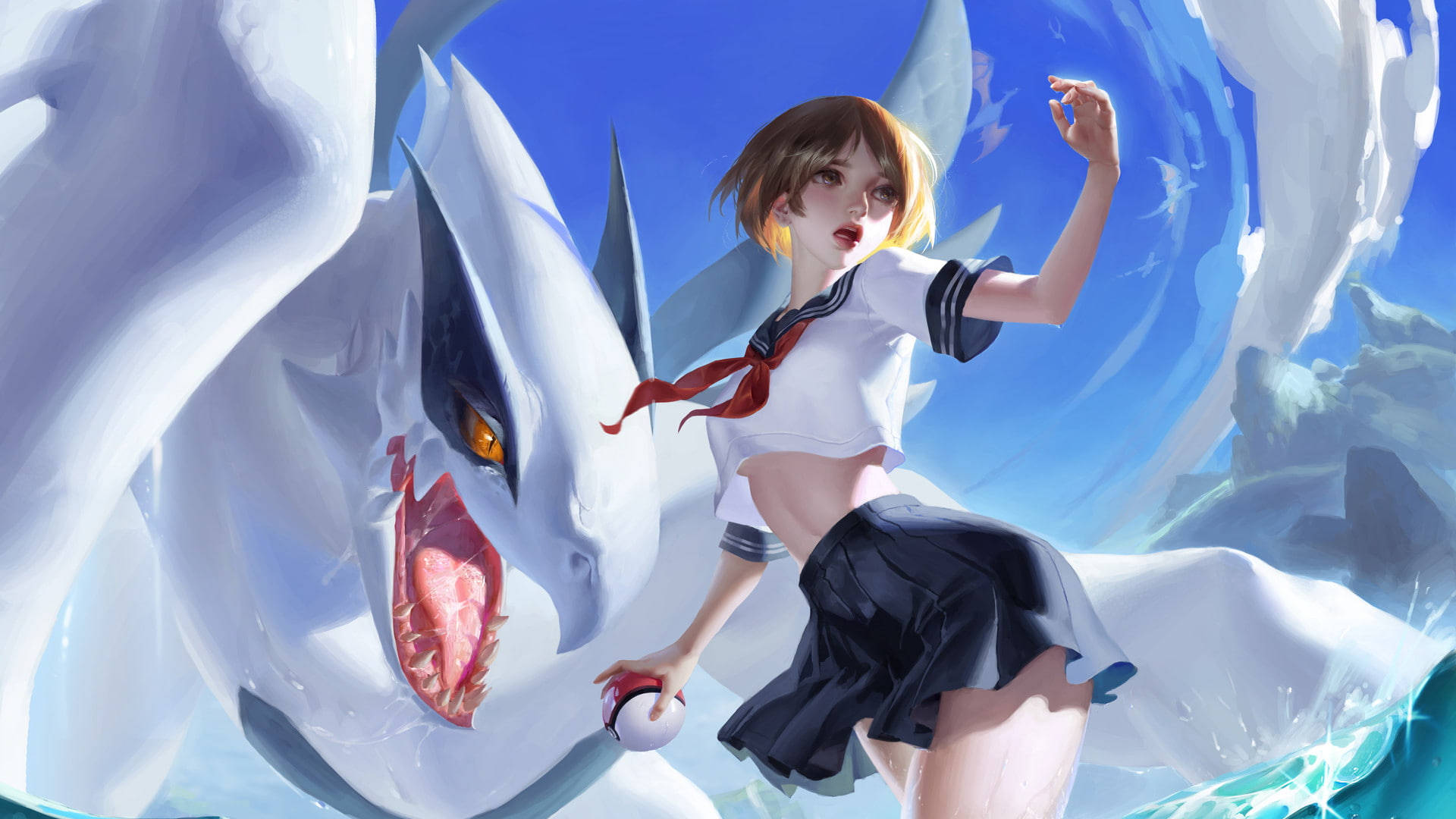Explore the magical world of Lugia with an anime girl Wallpaper