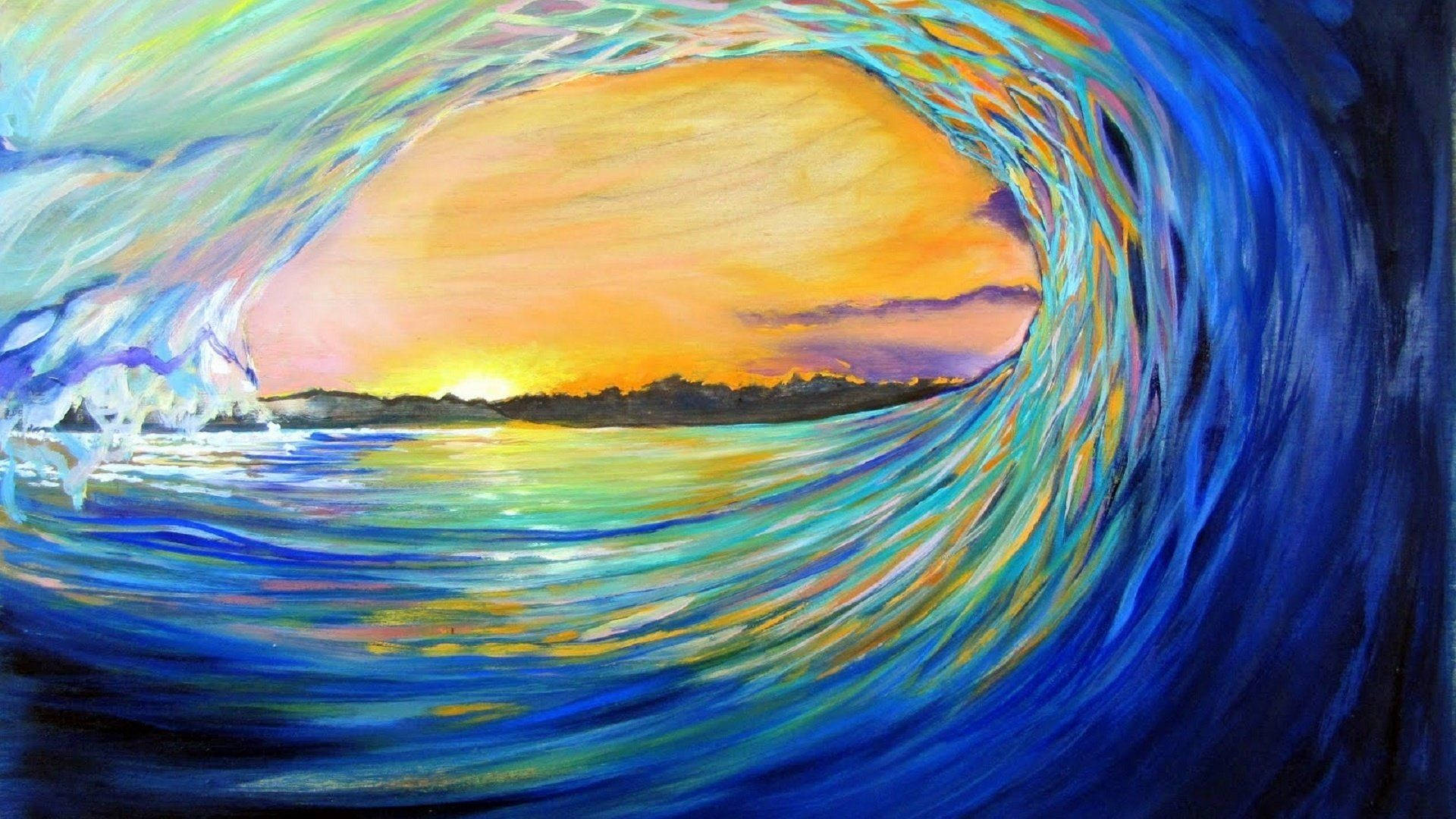 Realistisk maleri af en bølge der styrter mod klipper Wallpaper