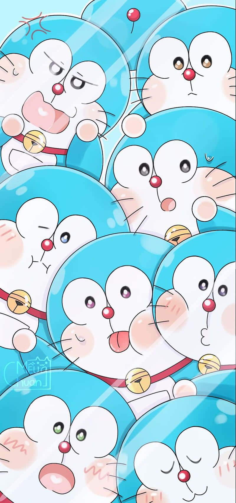 Doraemonun Gruppo Di Personaggi Dei Cartoni Animati Blu E Bianchi Sfondo