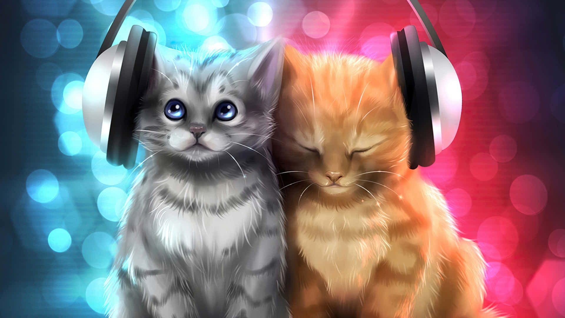 Zweikatzen Mit Kopfhörern Auf Ihren Köpfen Wallpaper
