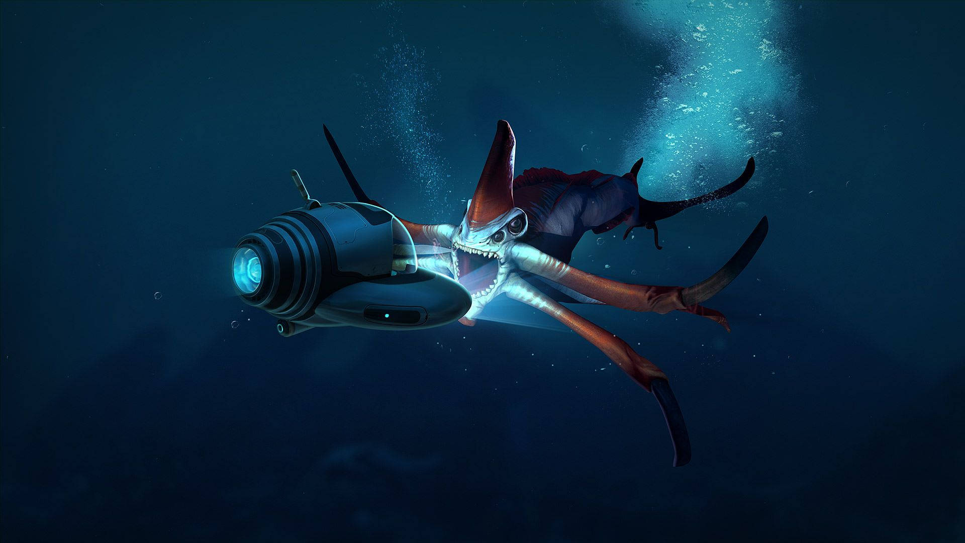 Underneath the depths of Subnautica lies the formidable Reaper Leviathon Wallpaper