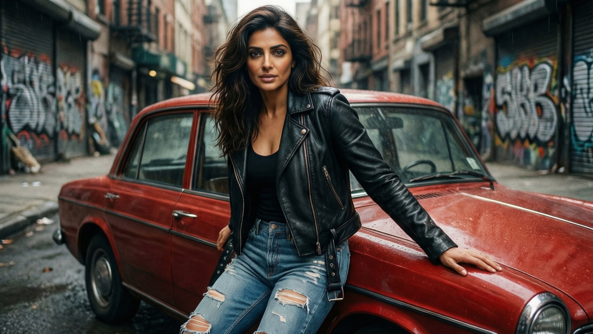 Parineeti Chopra i læderjakke med rød bil