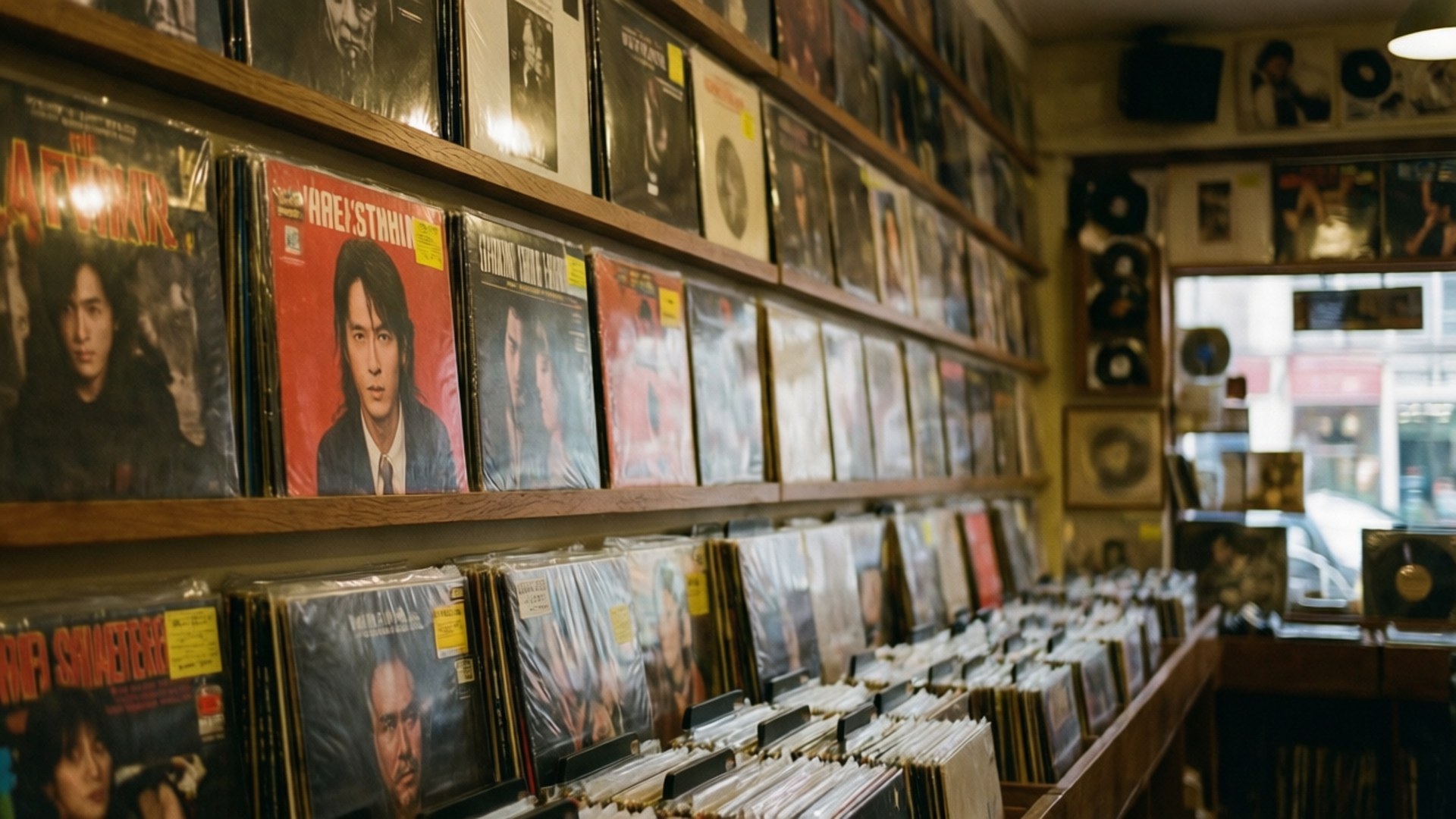 Mur du Disquaire Fonds d'écran — Pochettes d'album exposées dans un magasin de disques, lumière chaude.