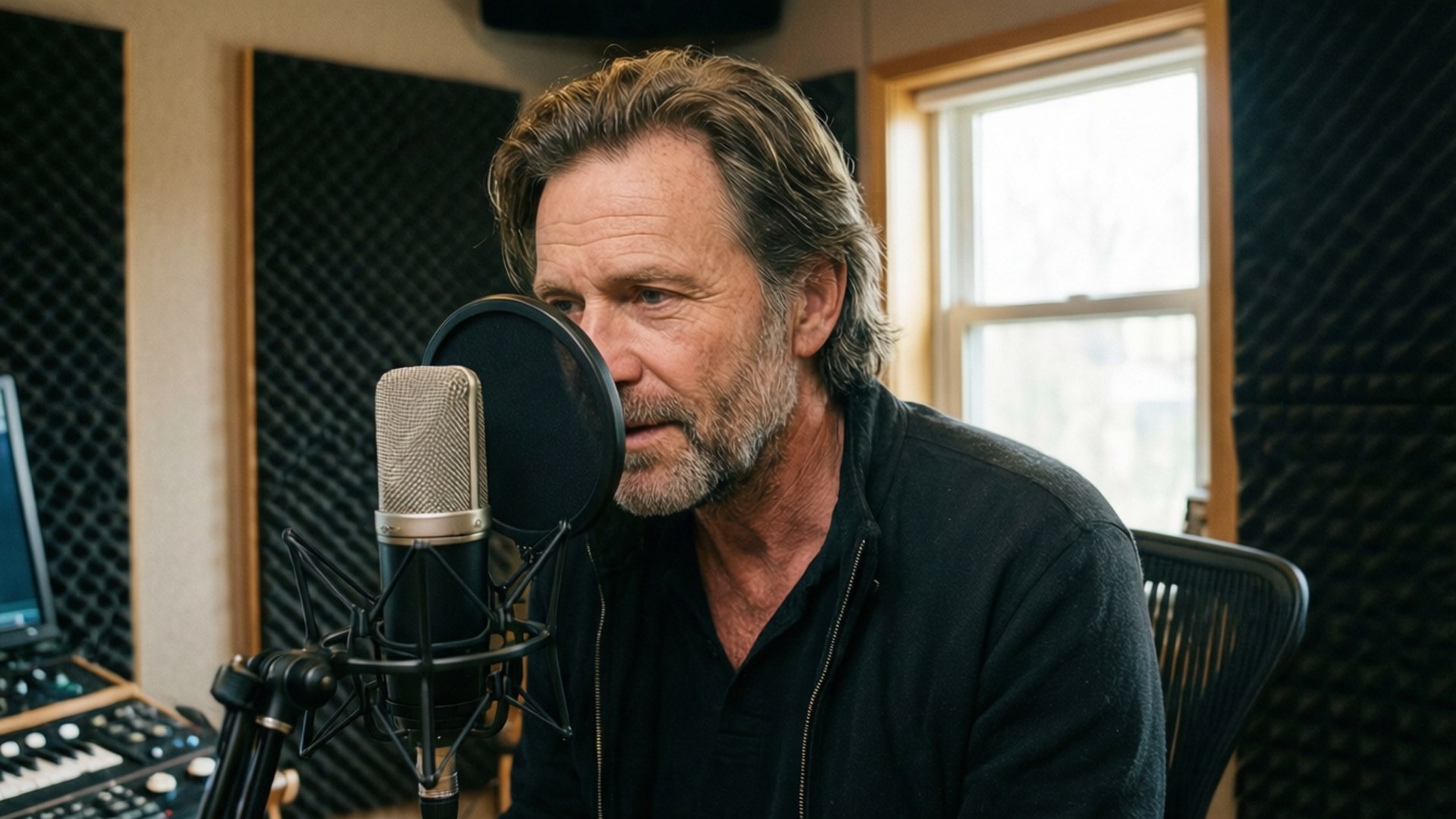 Candid foto av Michael Mayer i en inspelningsstudio med mikrofon