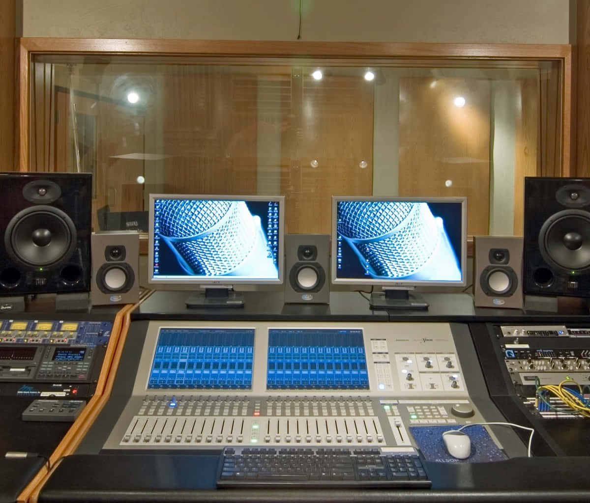 A Recording Studio With Several Monitors And A Mixing Desk