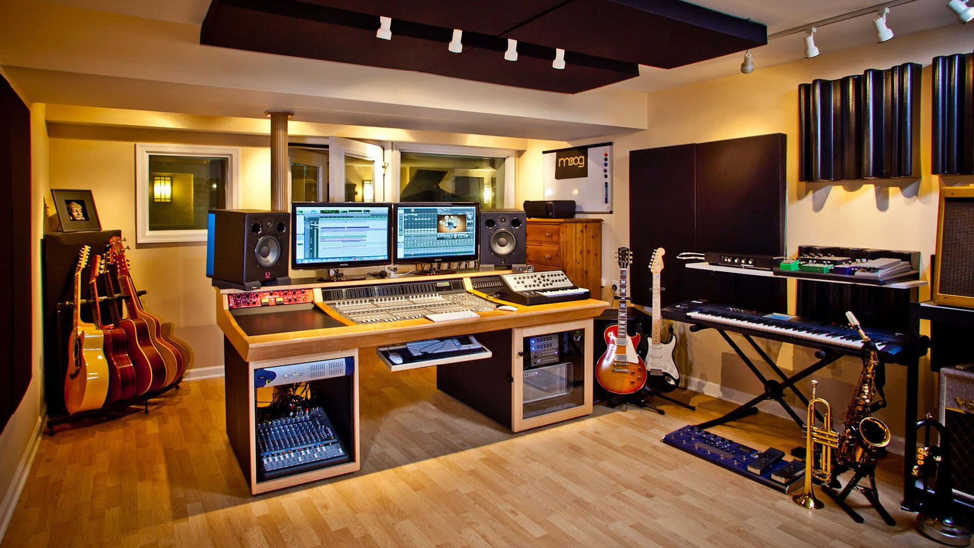 A Recording Studio With A Desk And Music Equipment