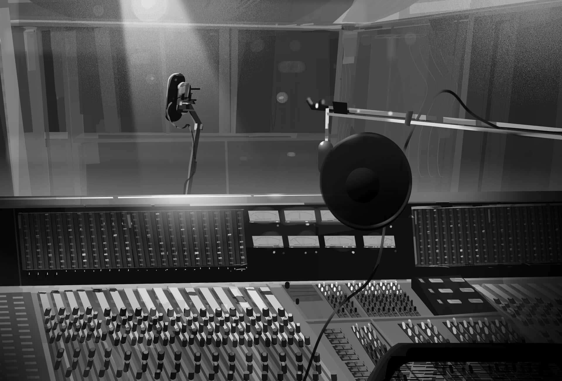 A Black And White Image Of A Recording Studio