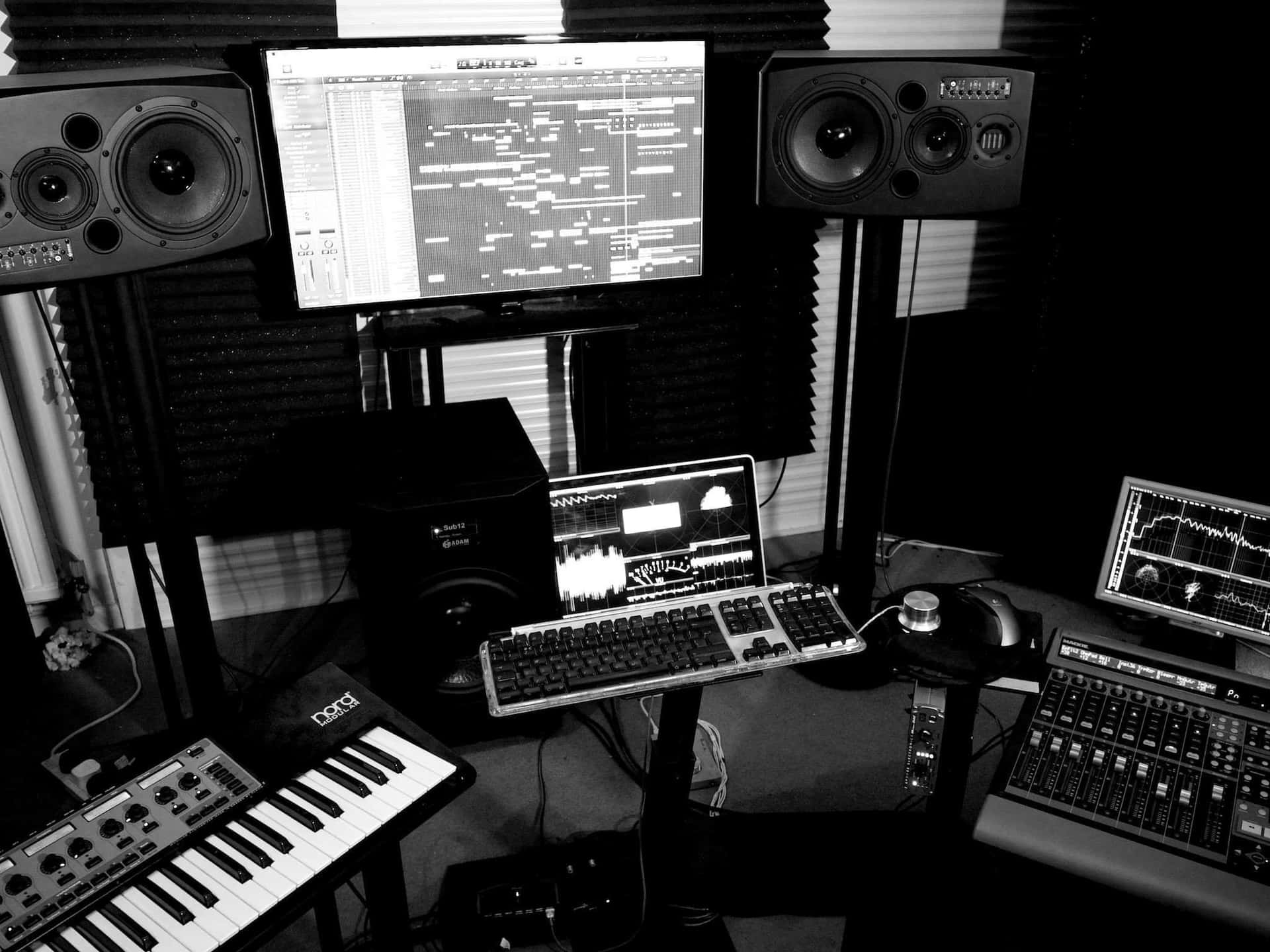 A Black And White Photo Of A Recording Studio With A Keyboard, Monitor, And Other Equipment