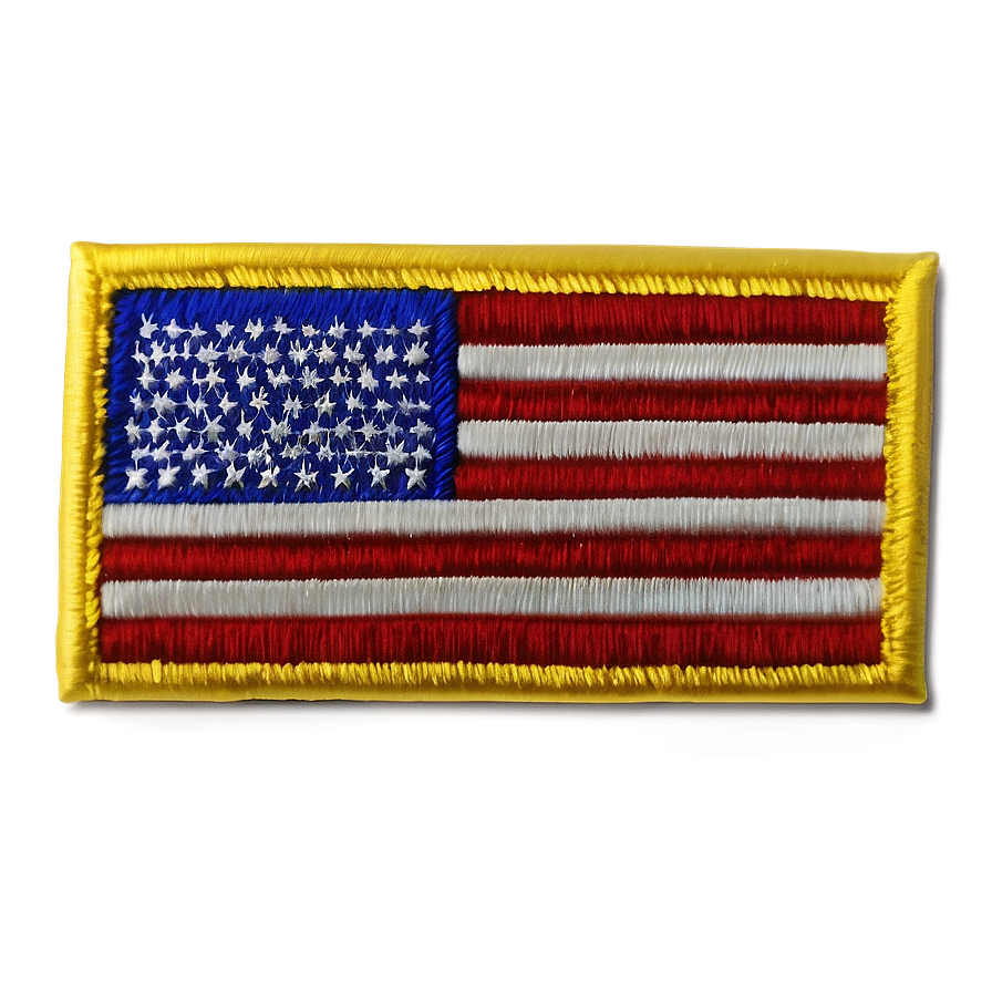 Rectangular American Flag Patch PNG 65 PNG — A detailed embroidered American flag patch with yellow border glowing warmly against a gradient brown background.