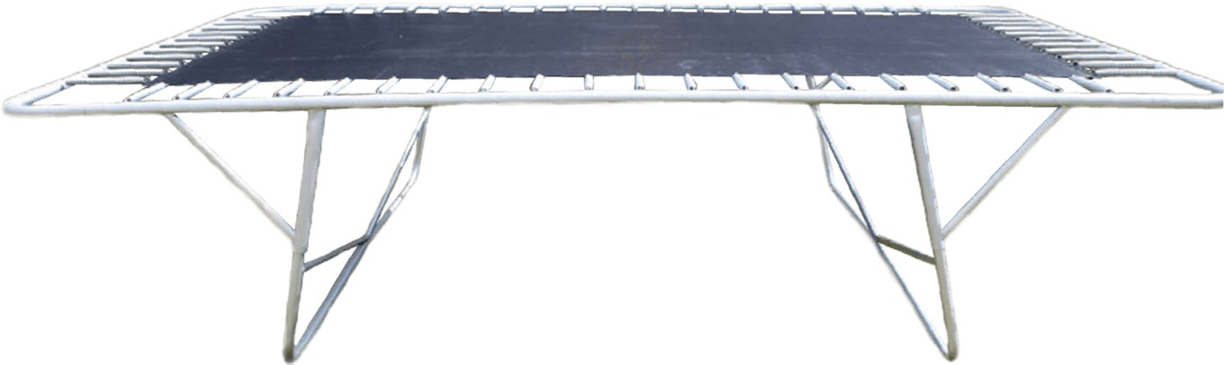 Rectangular Trampoline Isolated PNG — A white metal trampoline frame with black jumping mat isolated on black background.
