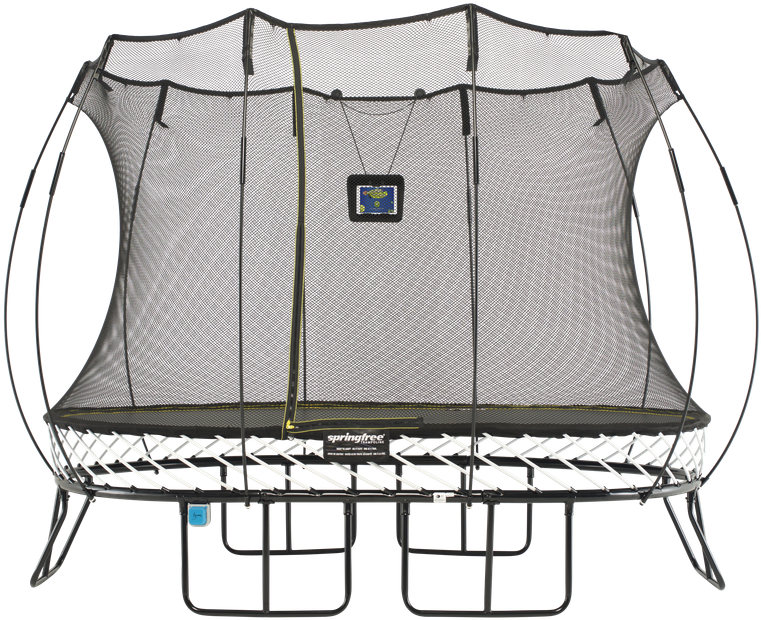 Rectangular Trampolinewith Enclosure PNG — A large black and white Springfree trampoline with safety net and brand logo against a transparent background.