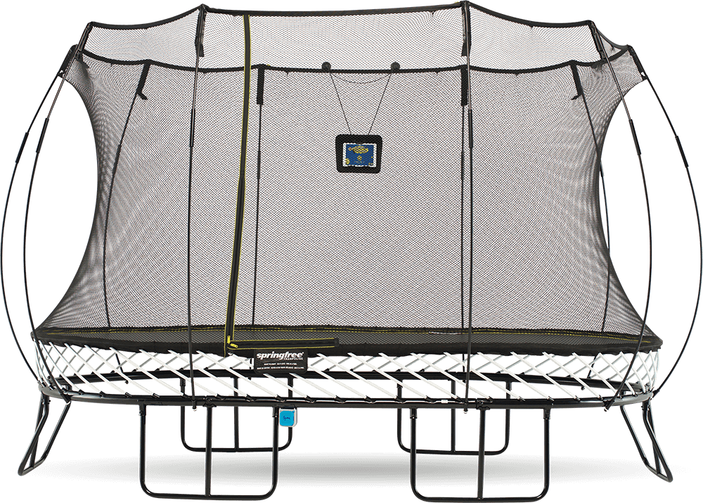 Rectangular Trampolinewith Enclosure PNG — A large rectangular trampoline with black safety netting and white lattice frame against a black background.