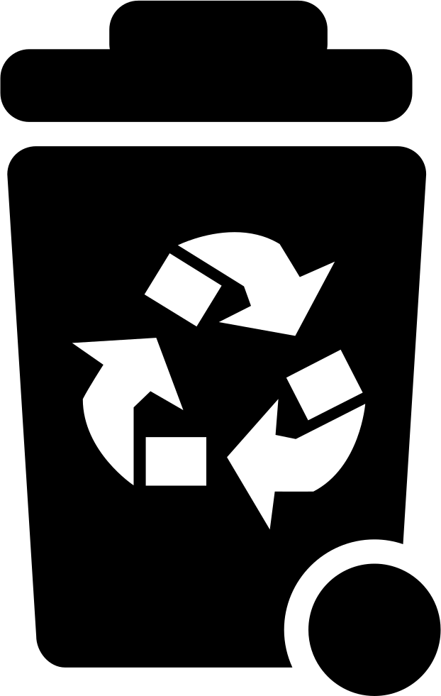 Recycling Bin Icon PNG — Black trash can icon with white recycling symbol and wheel on side