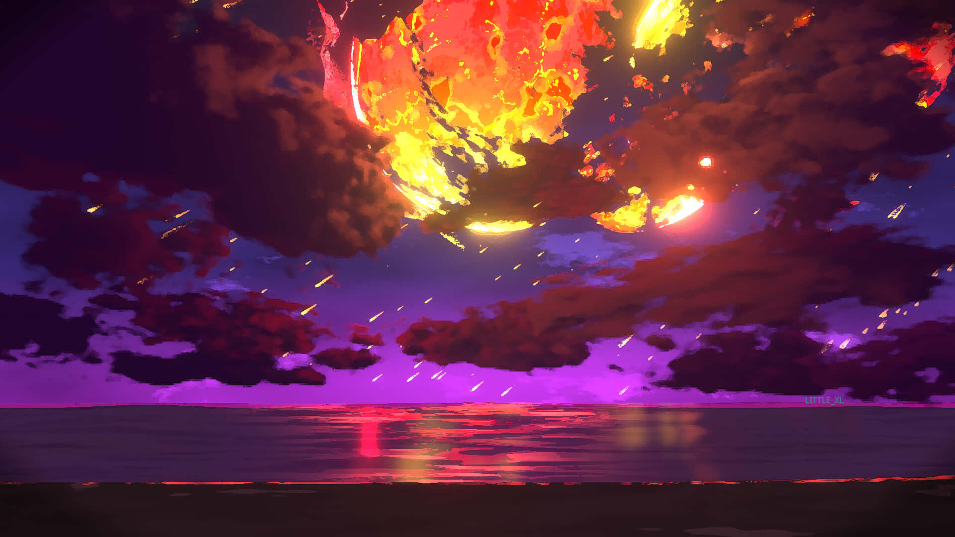 A Purple And Orange Sky With A Fire In The Background Wallpaper