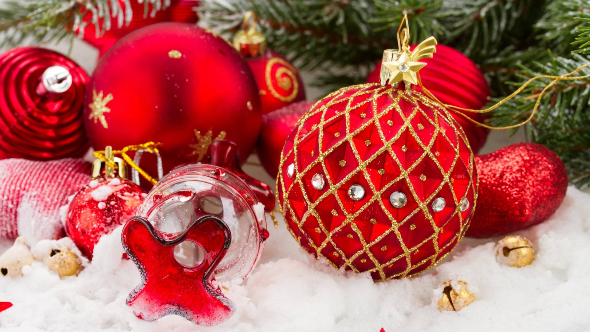 Red Aesthetic Christmas Balls In Snow Wallpaper