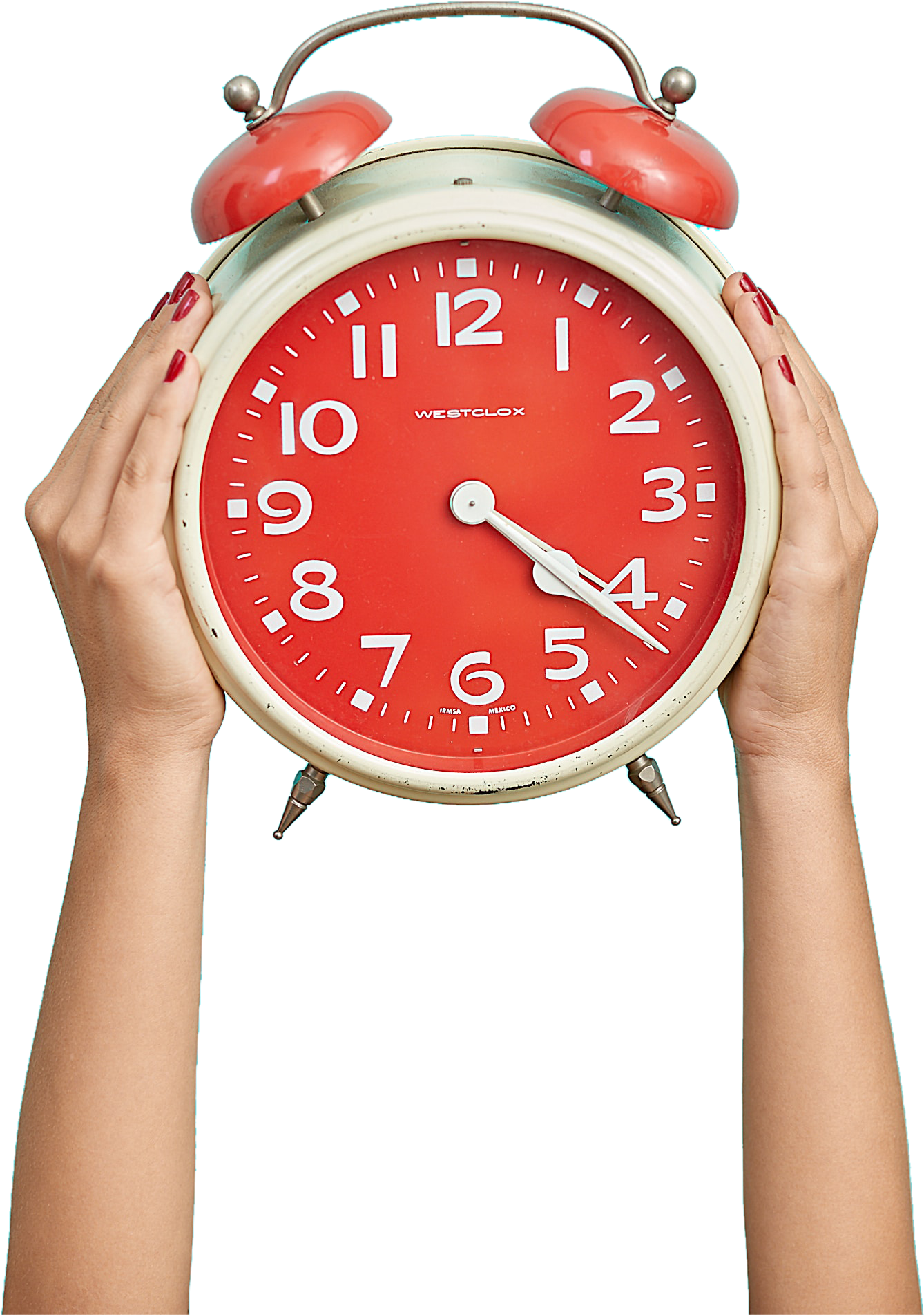 Red Alarm Clock Heldin Hands PNG