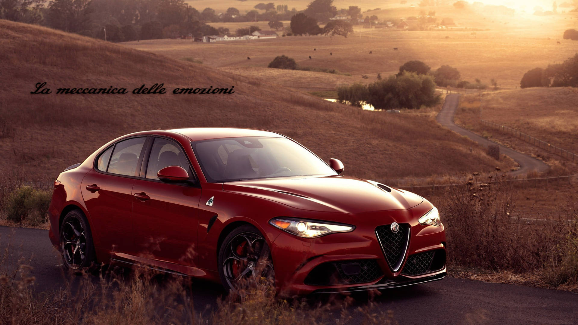 Red Alfa Romeo Giulia on road with bright sunset wallpaper.