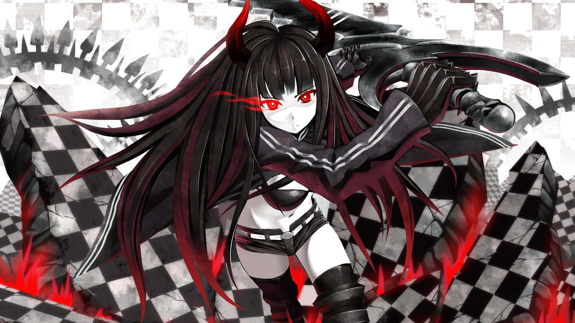 En livlig illustration af en anime pige med rødt og sort hår. Wallpaper