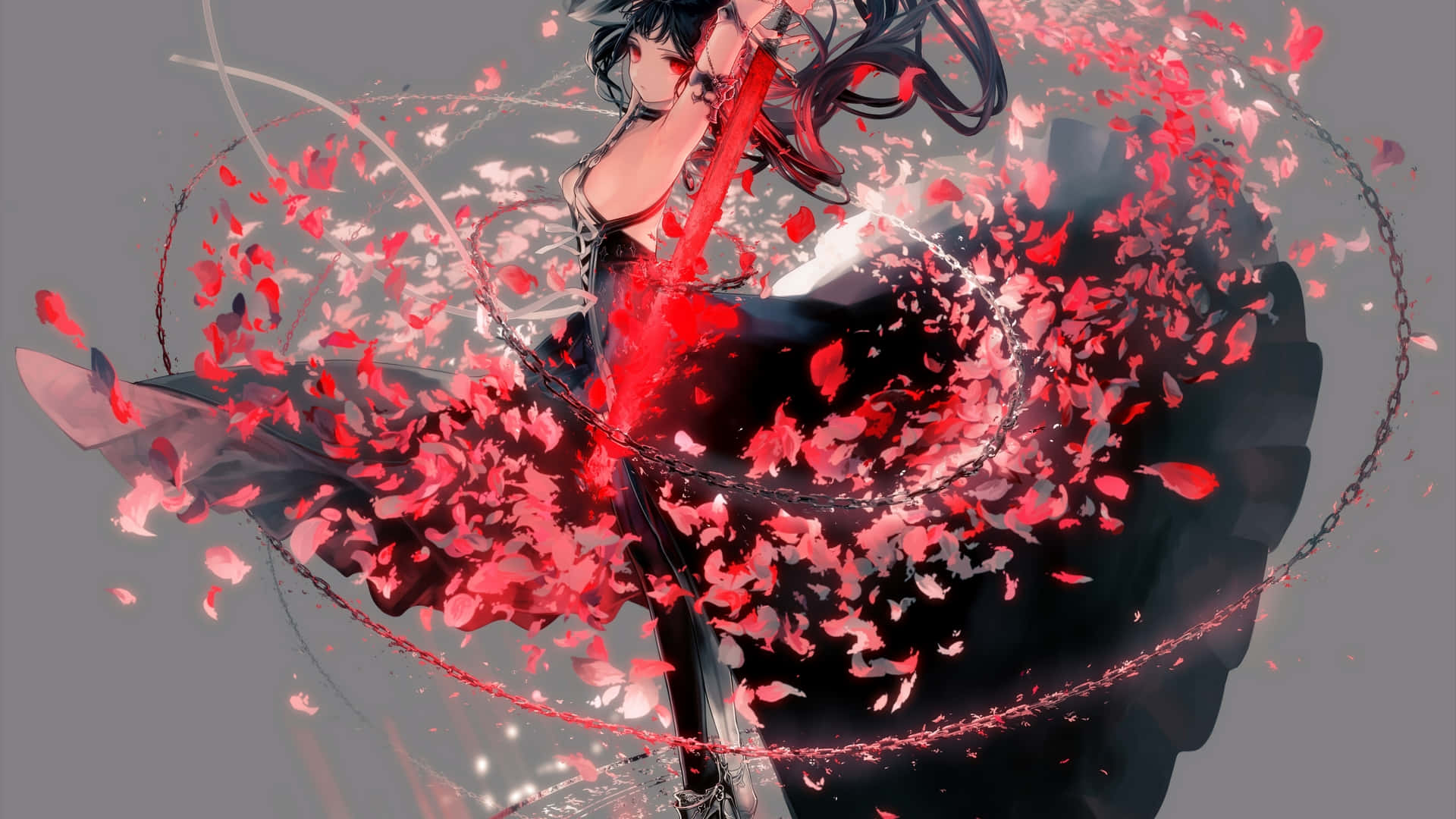 Einmädchen In Einem Schwarzen Und Roten Kleid Tanzt Mit Roten Blütenblättern. Wallpaper