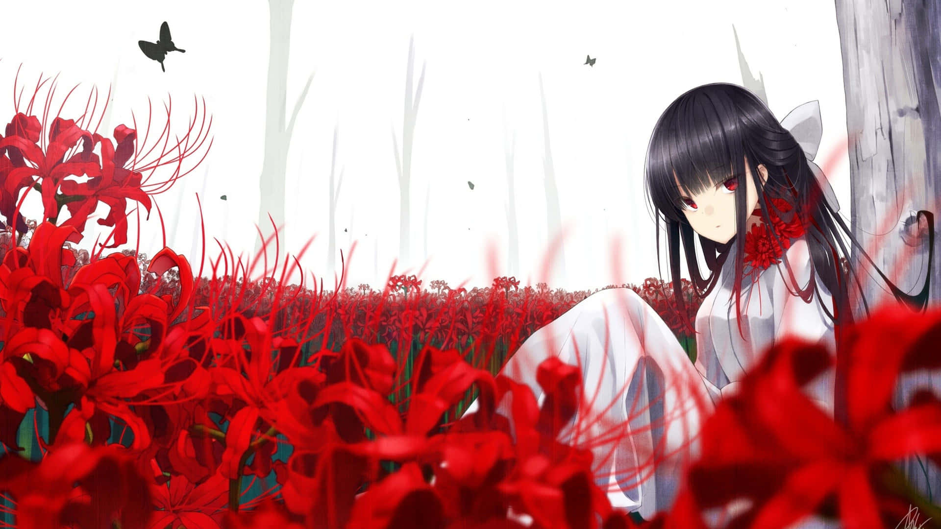 Black Anime Girl And Red Flowers Wallpaper