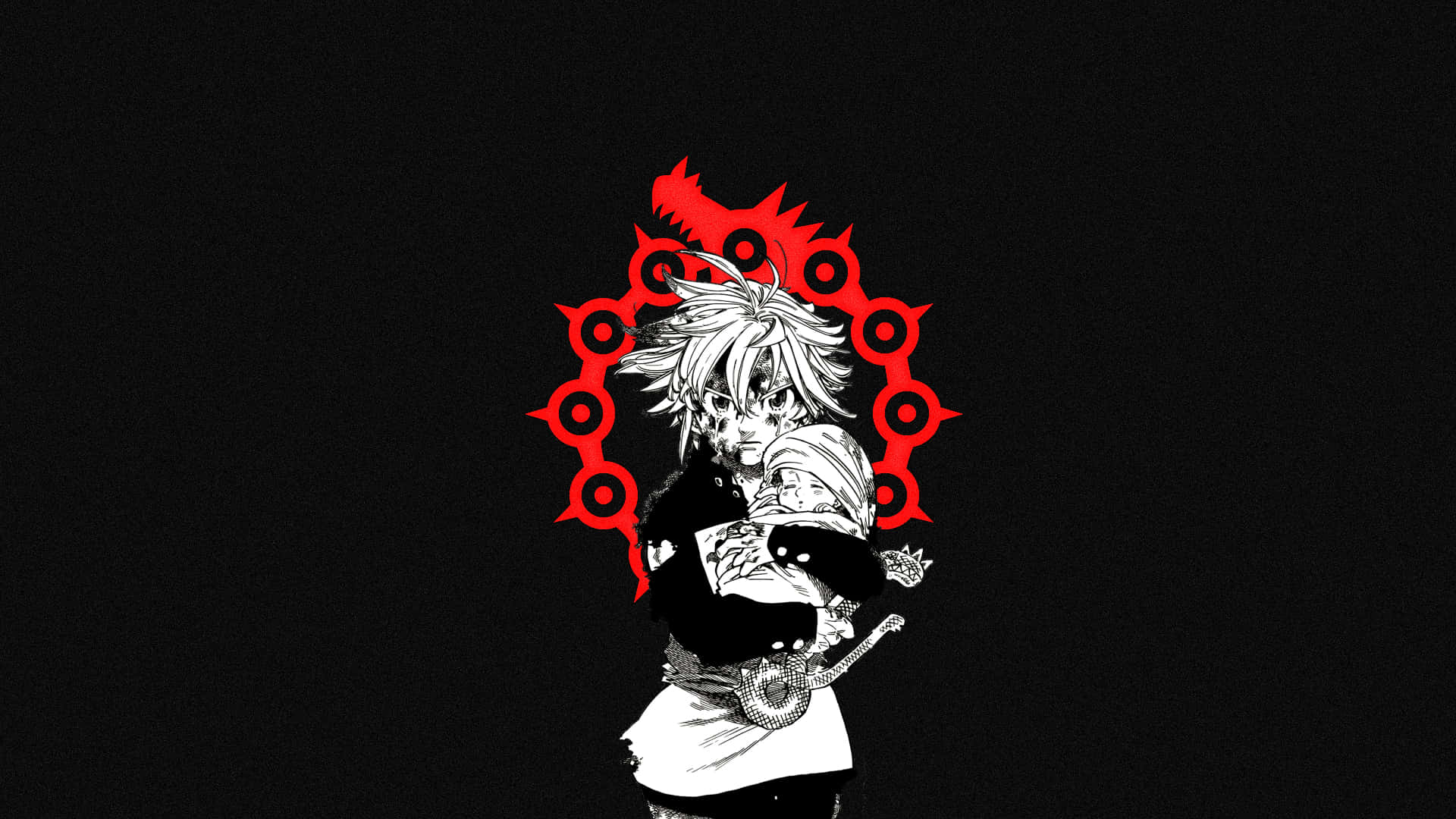 En levende illustration af et rød og sort anime kunstværk. Wallpaper