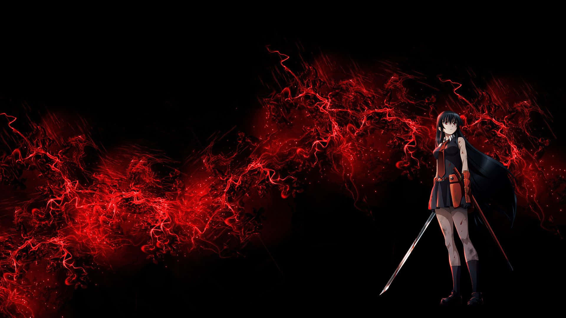 En animekarakter iført en rød og sort udrustning Wallpaper