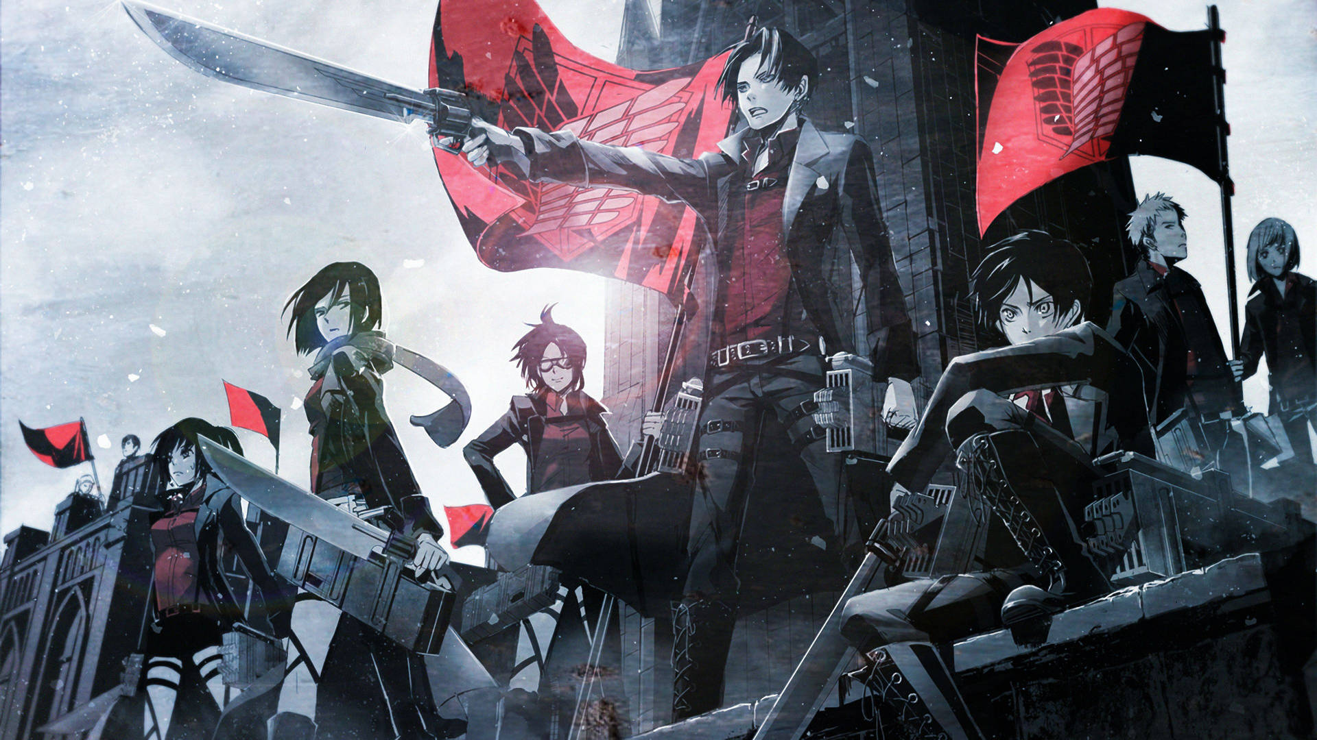 Rød og sort Attack on Titan Sæson 4 Design Wallpaper