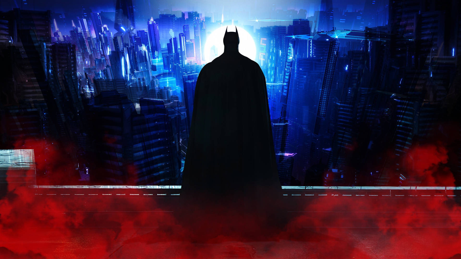 Rød og Blå 4K Gotham Batman Tapet Wallpaper