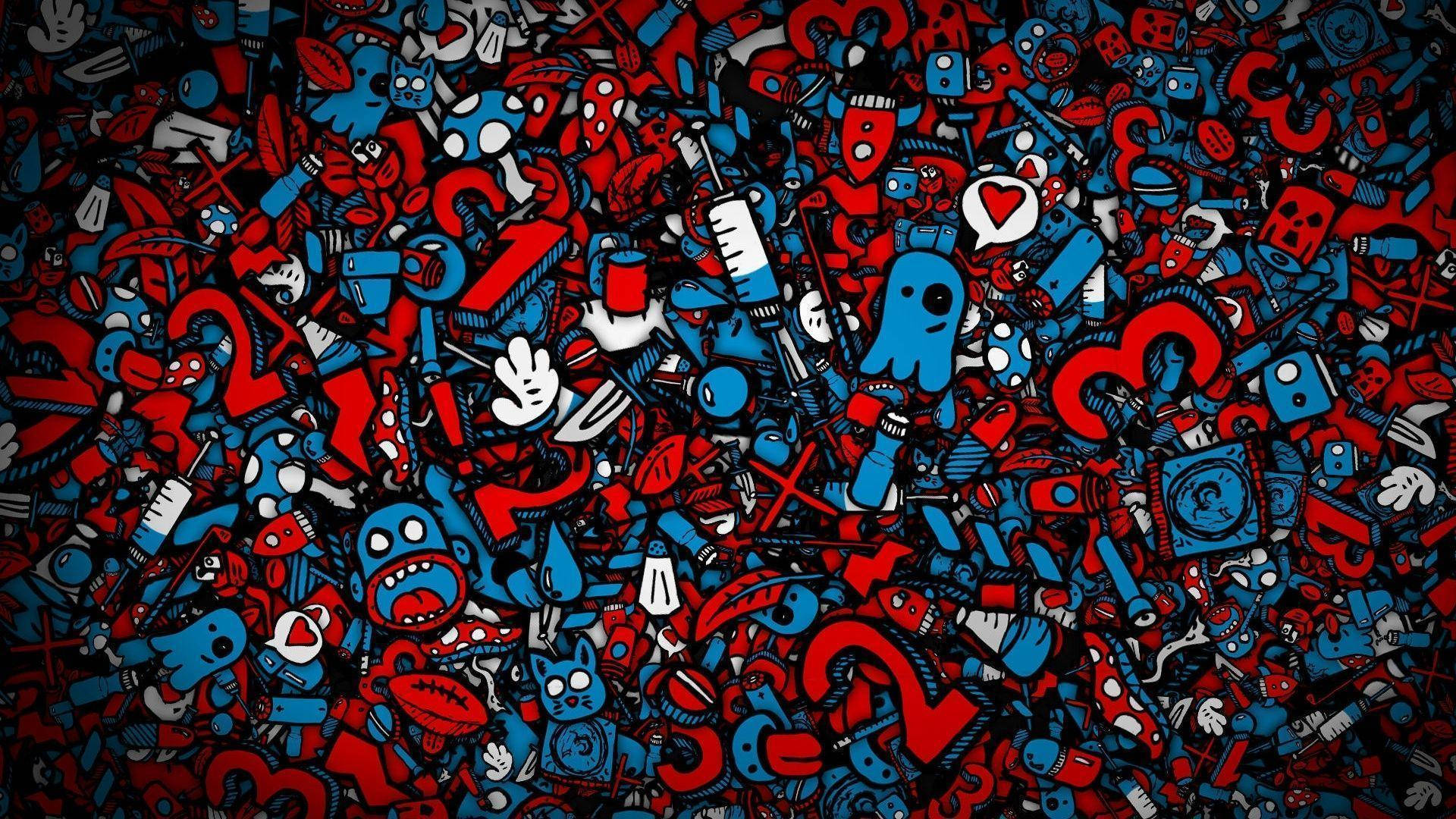 Red And Blue Doodle Art Wallpaper