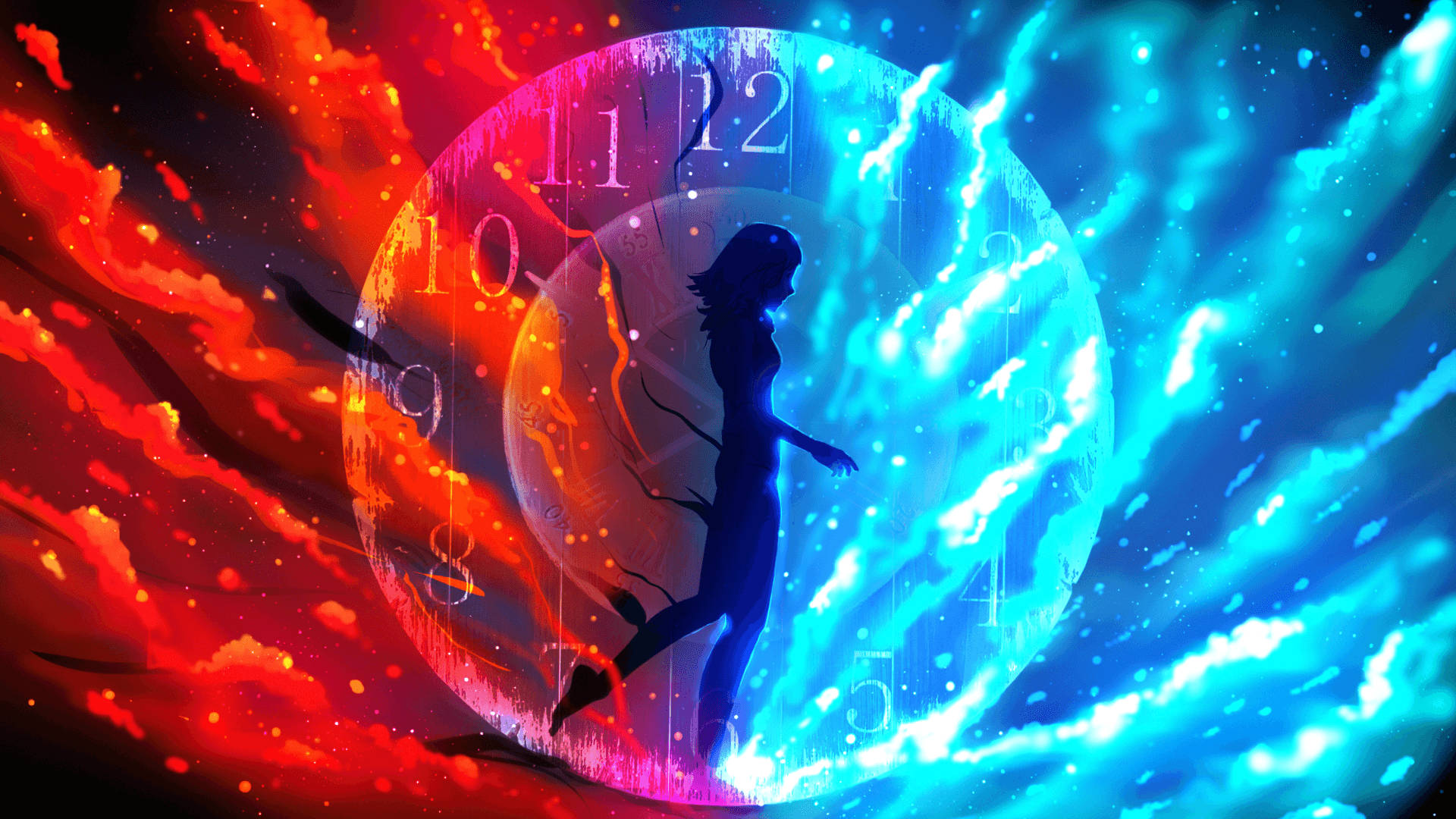 Red And Blue Fire Anime Clock Wallpaper