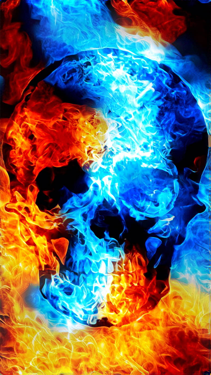 Red And Blue Flamed Skull Wallpaper