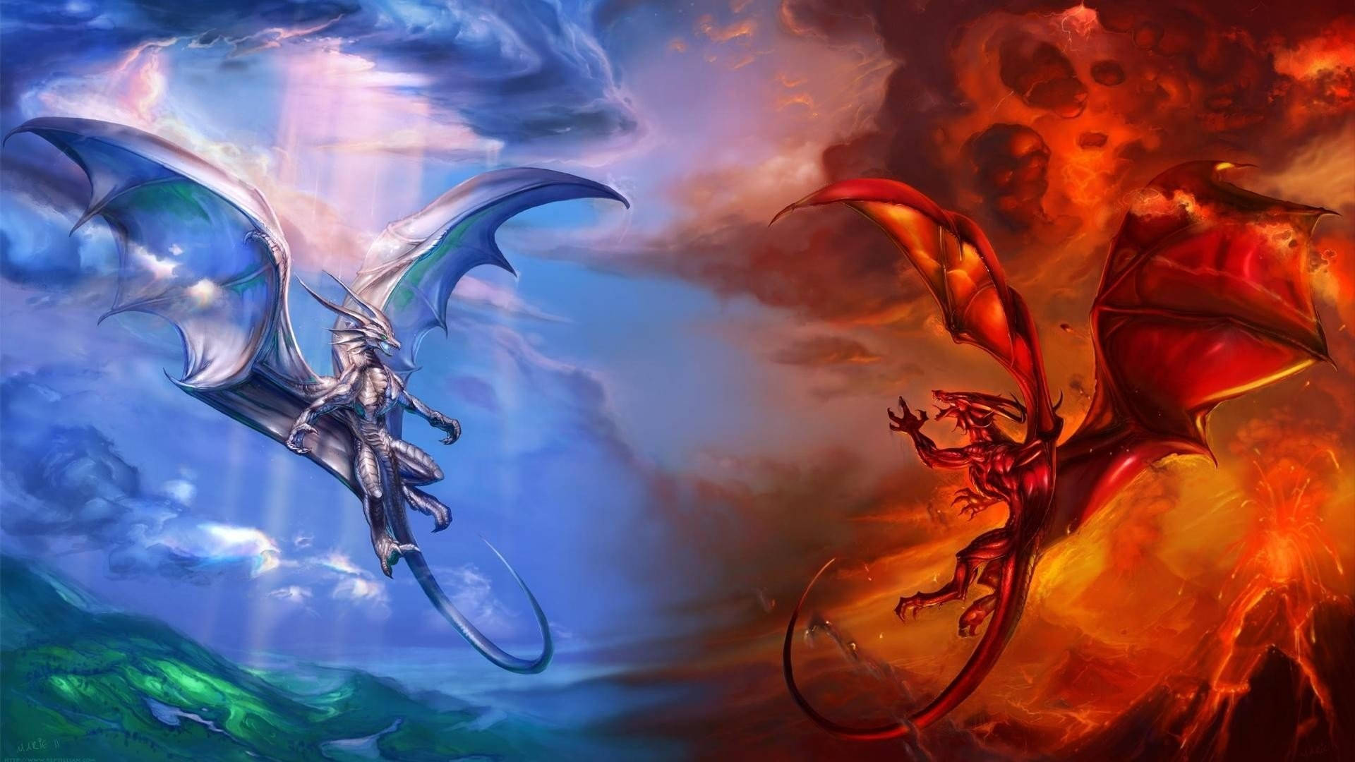 Red And Blue Really Cool Dragons Wallpaper