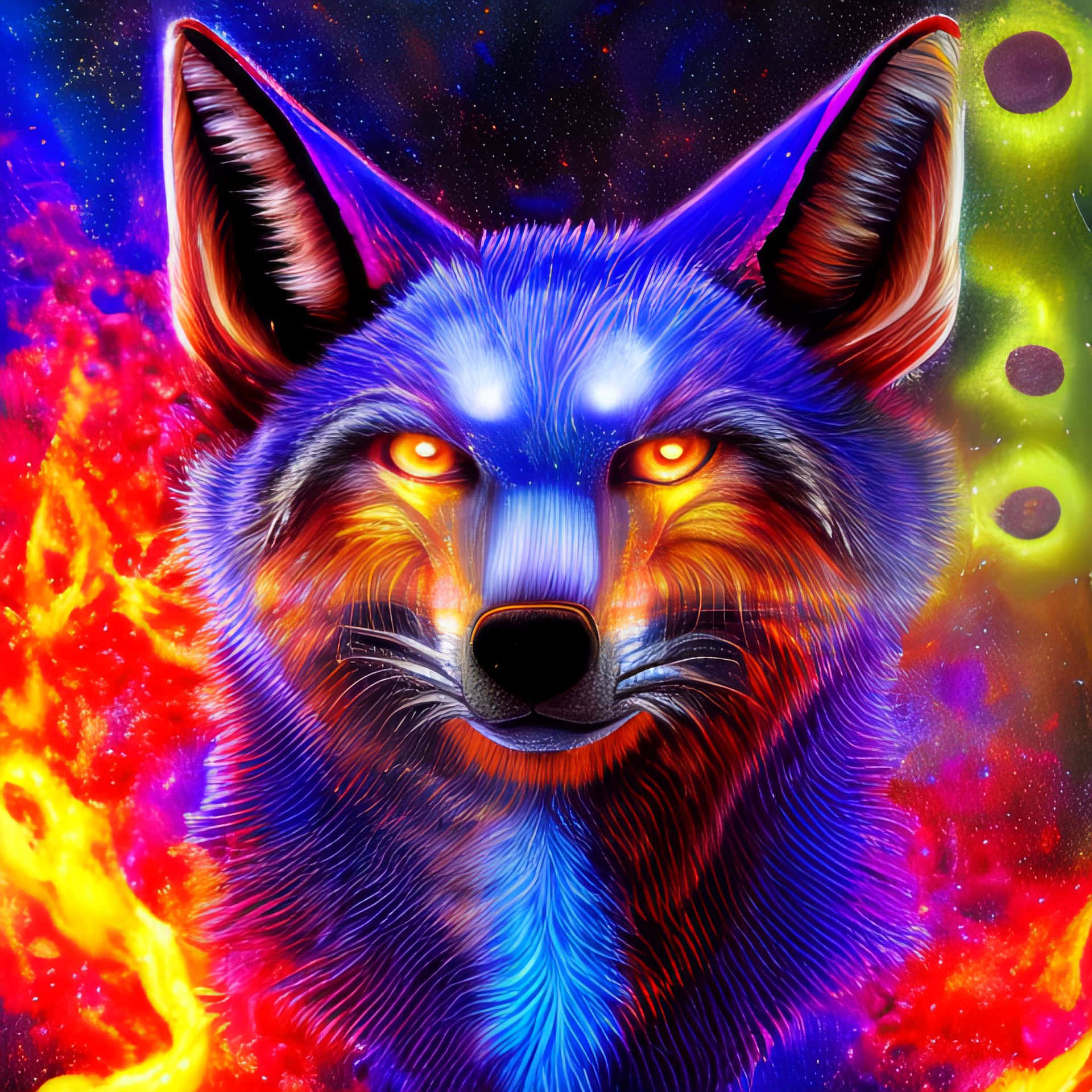 A stunning Red and Blue Wolf. Wallpaper