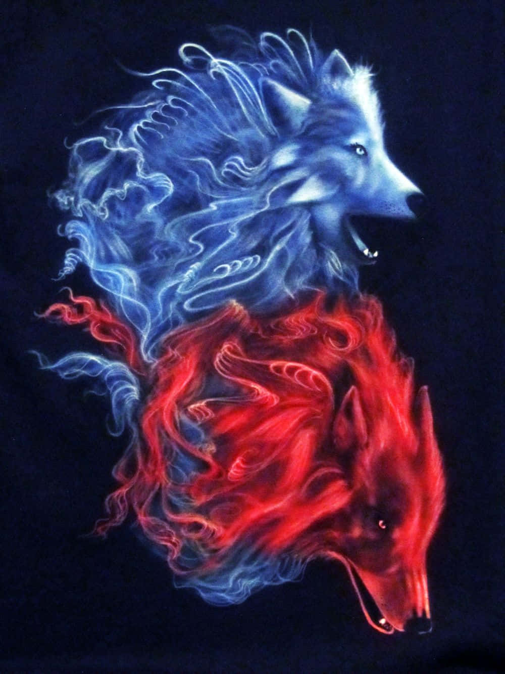 Doscaras De La Misma Moneda: Un Lobo Rojo Y Azul. Fondo de pantalla