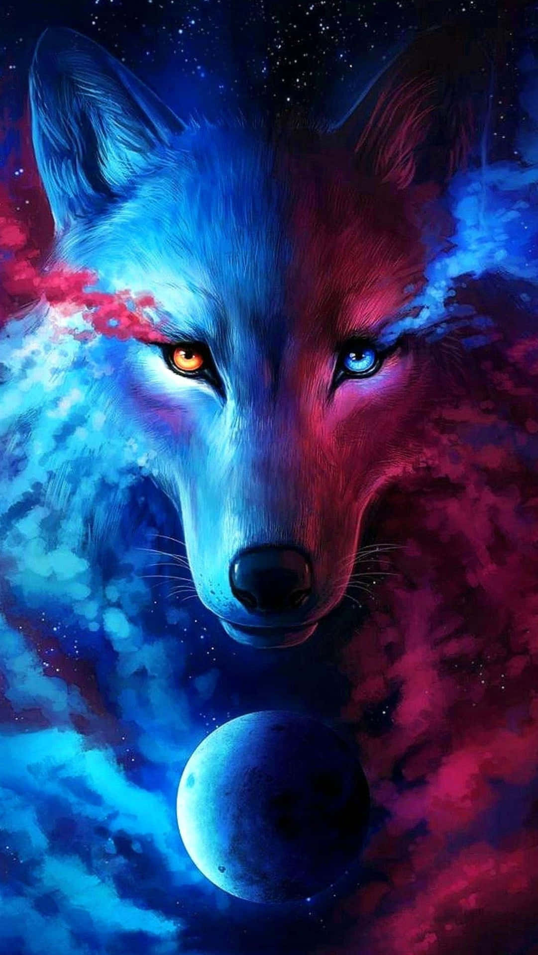 "A beautiful red and blue wolf staring and mesmerizing viewers with its glowing eyes" Wallpaper