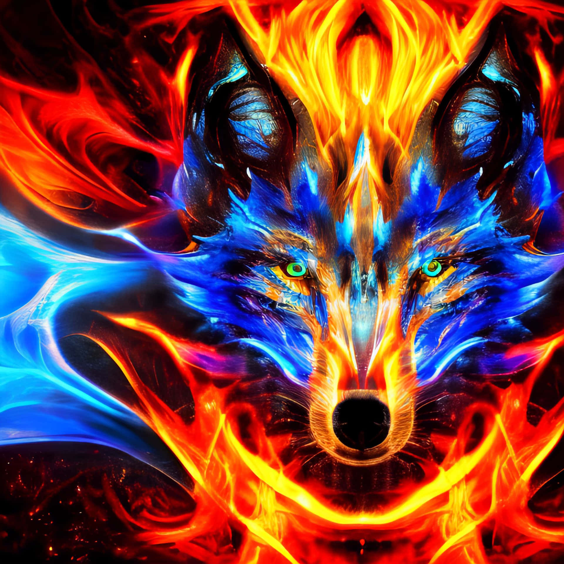 "The Beauty of Red and Blue Contrasts on a Majestic Wolf" Wallpaper