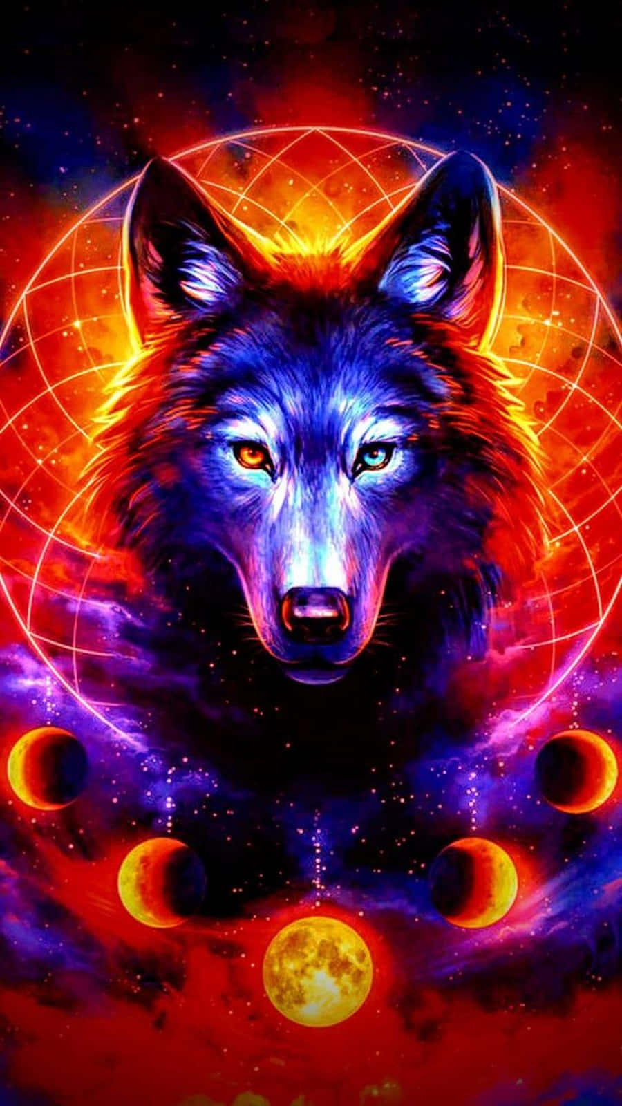 A Contemplative Red and Blue Wolf Wallpaper