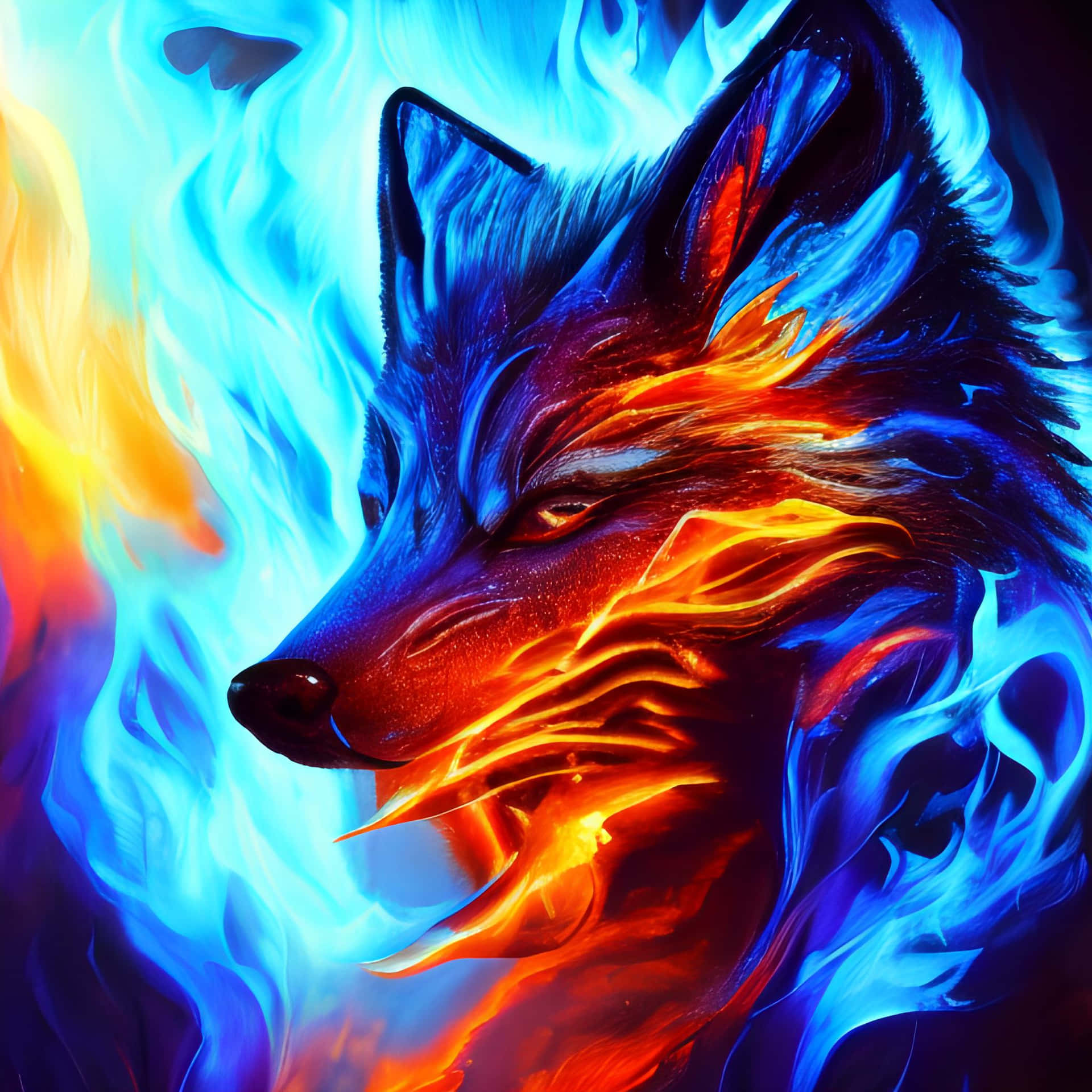 Intense eyes of Red and Blue Wolf Wallpaper