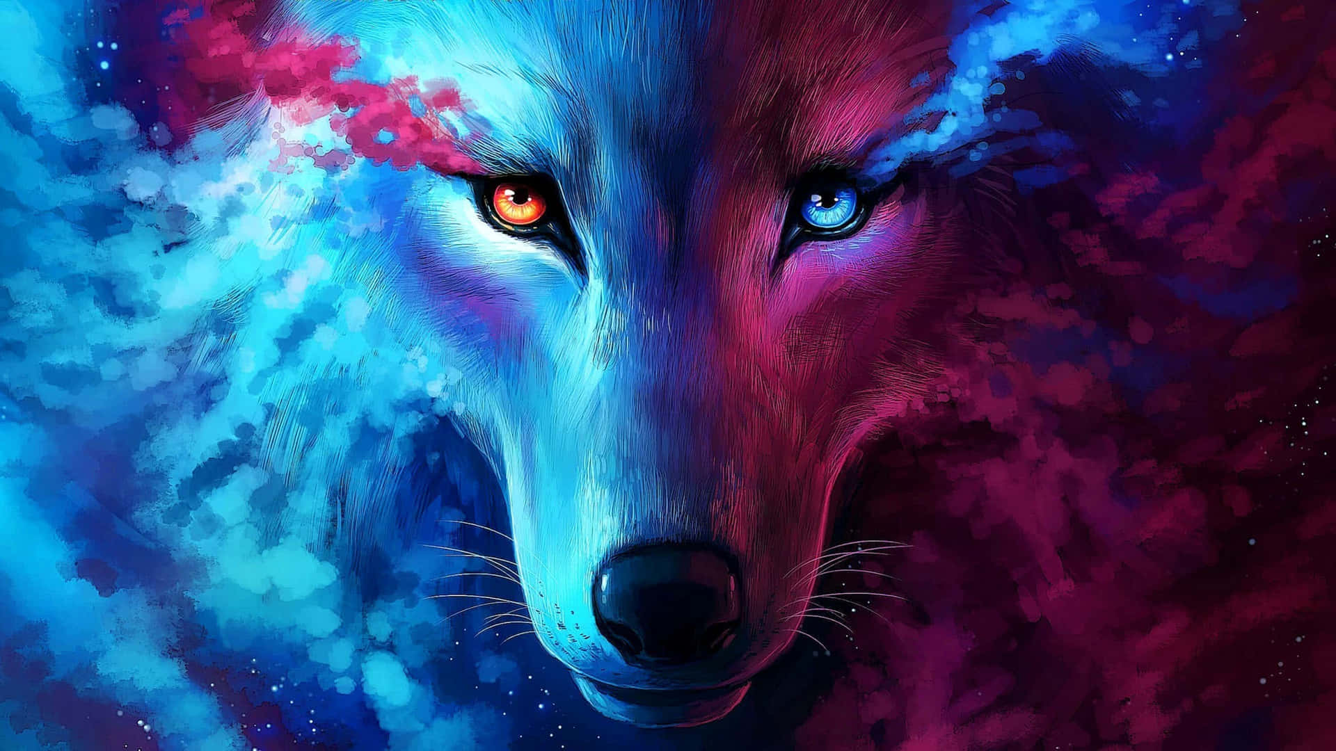 Image  An Intricately Colored Red and Blue Wolf Wallpaper