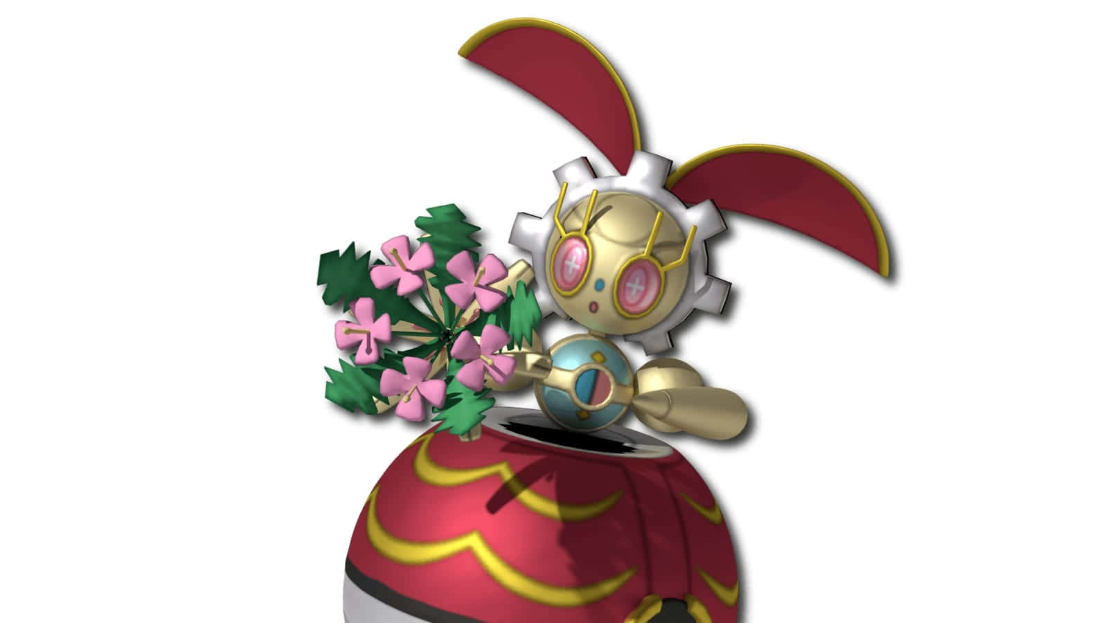 Red And Gold Magearna Holding Flowers Wallpaper