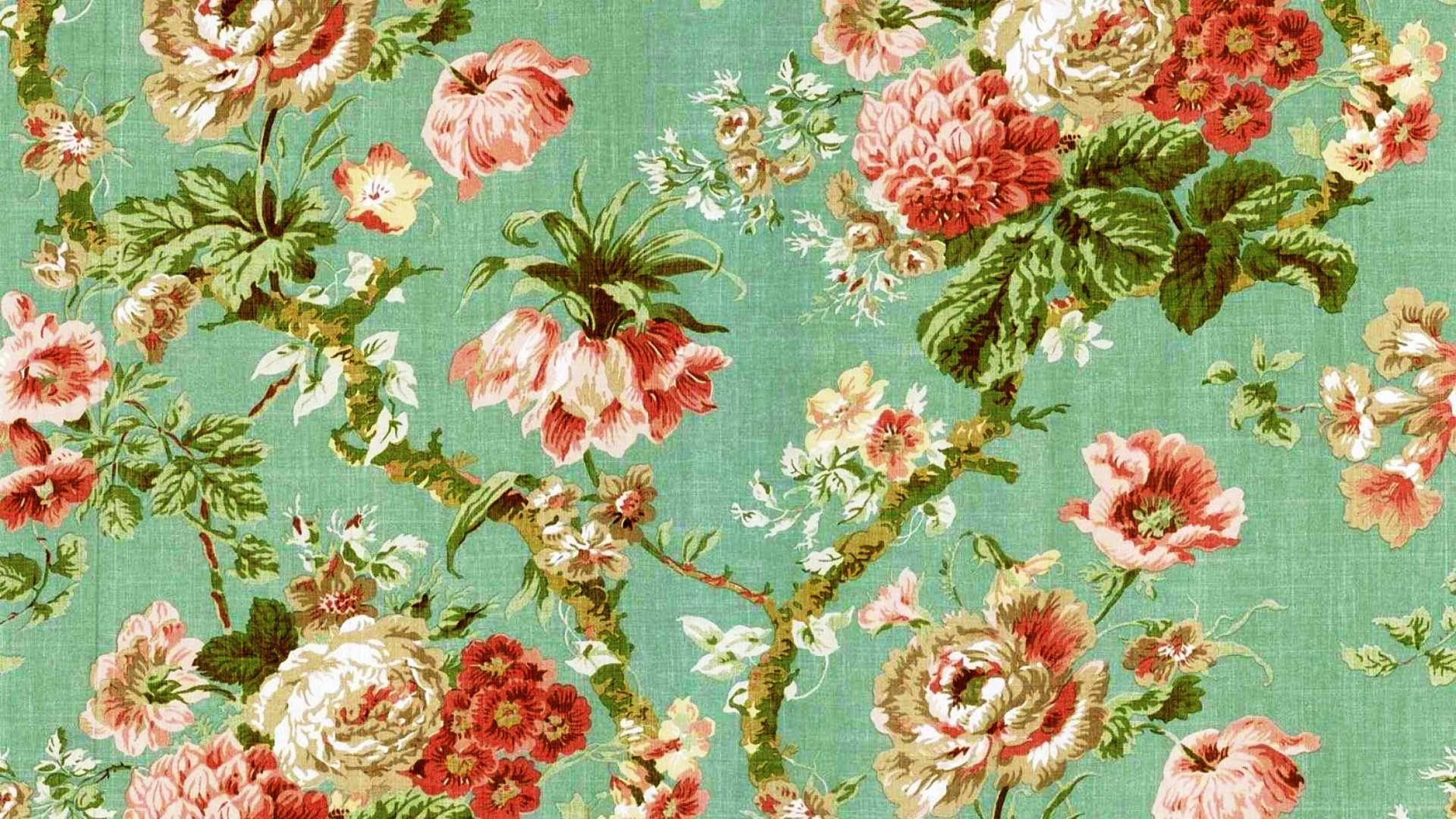 Backgroundröd Och Grön Vintage Blommönstrad Skrivbordsbakgrund. Wallpaper