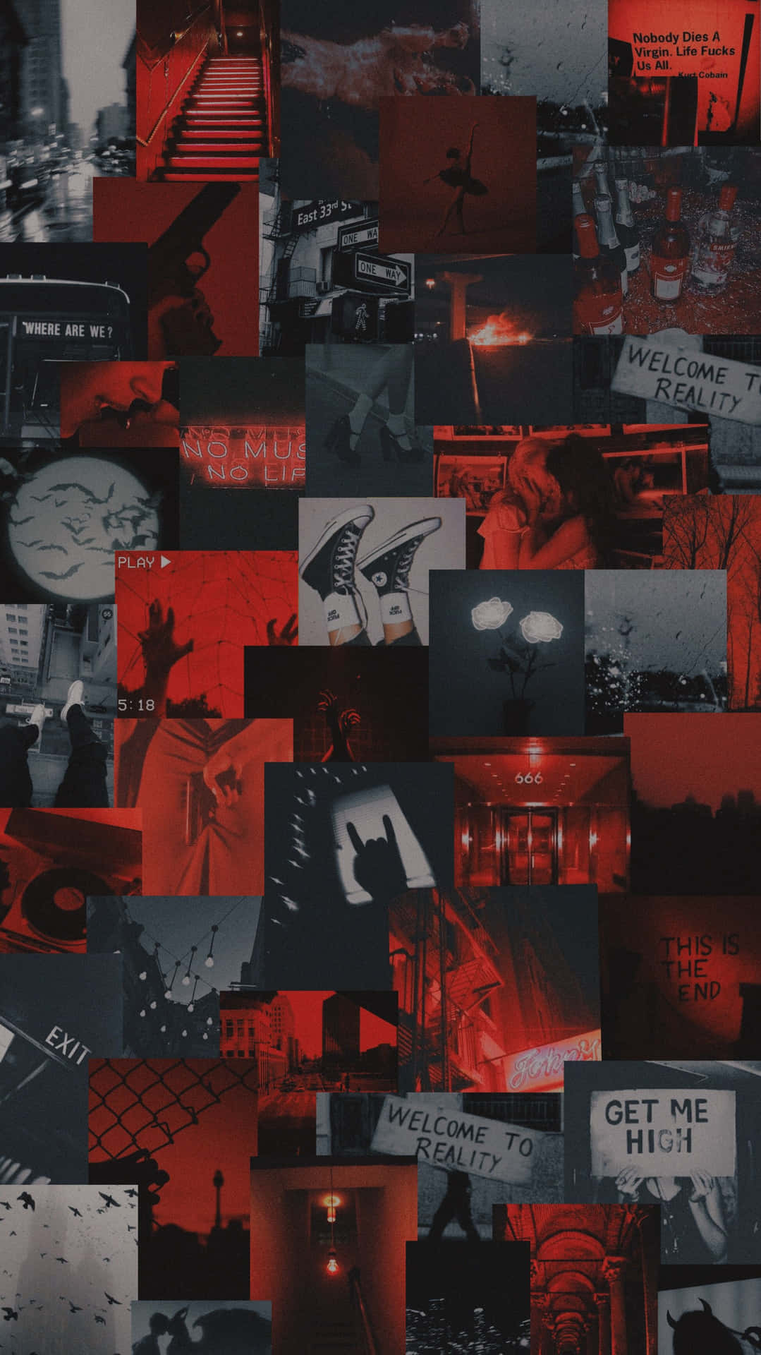 A Collage Of Photos With Red And Black Wallpaper
