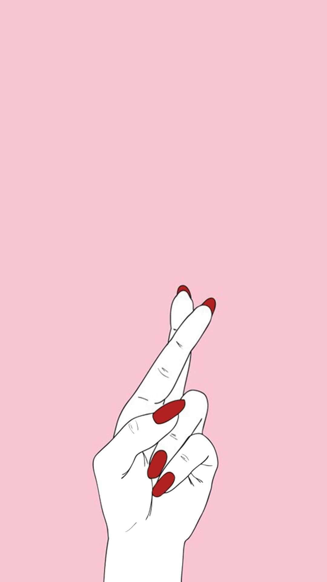 A Hand With Red Nails Is Holding Up A Pink Phone Wallpaper