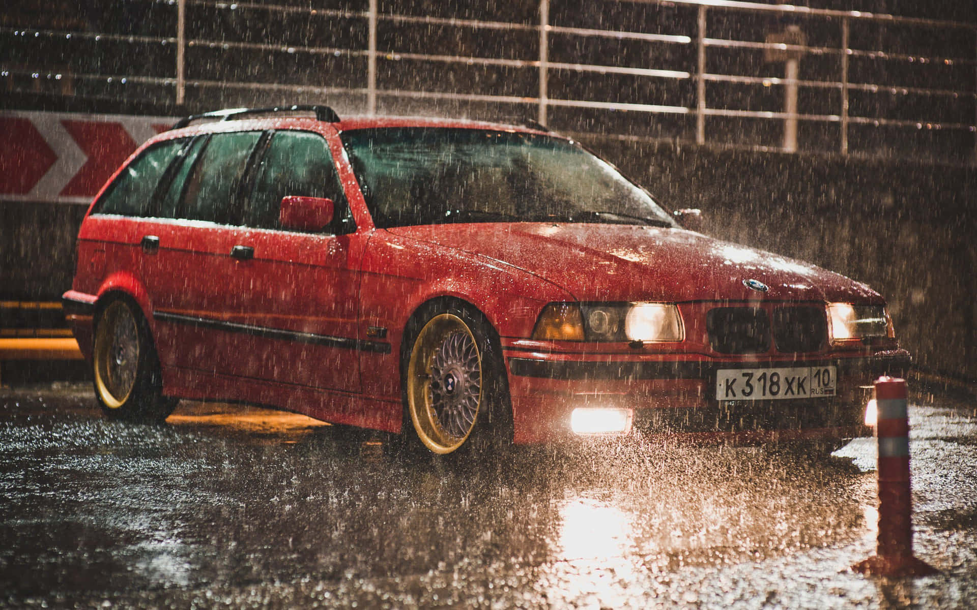 Red B M W E36 Wagon Rainy Night Wallpaper