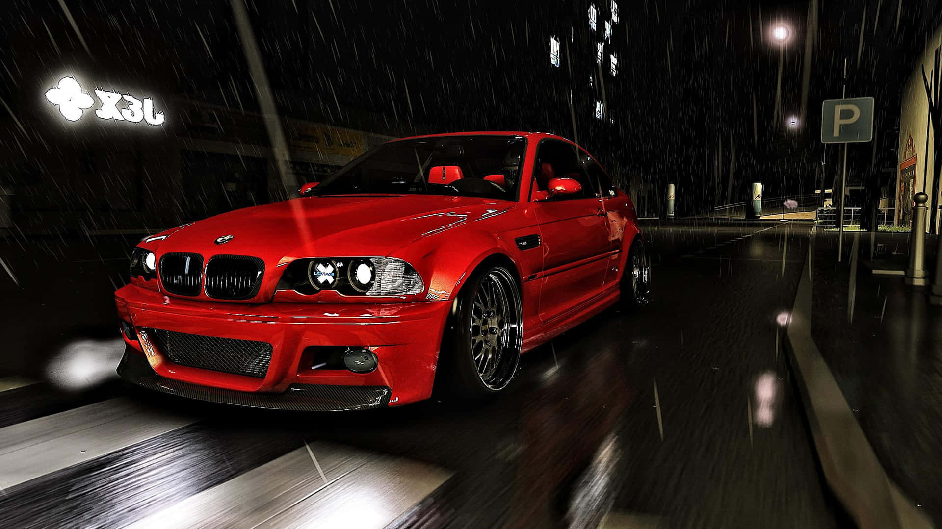 Red B M W E46 Rainy Night Drive Wallpaper