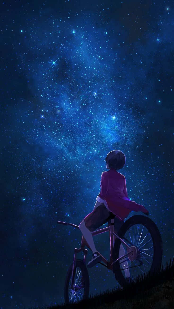 Chicoen Bicicleta Roja Mirando Hacia Arriba Al Cielo Nocturno Del Anime. Fondo de pantalla