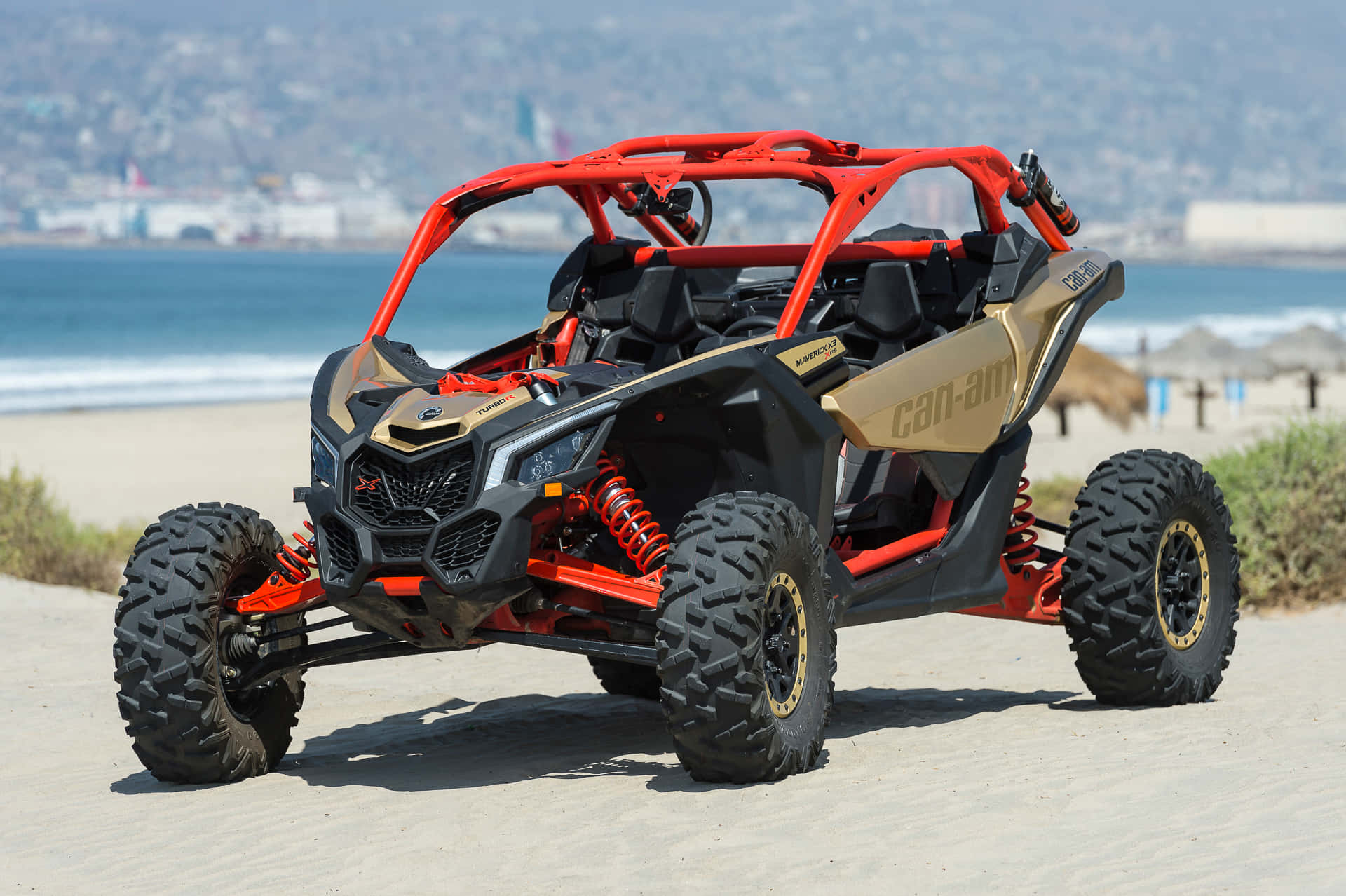 Red Black Can Am Offroad Vehicle Beach Wallpaper