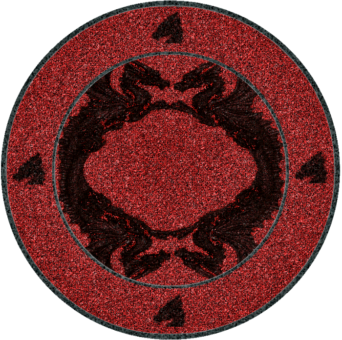 Red Black Circular Abstract Pattern PNG — A circular red glittery emblem with black dragon silhouettes facing inward and four black triangles at cardinal points.